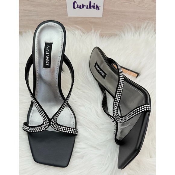 Nine West TWIST2 Square Toe Women's Size 8 M Heel Black Sandals New - Picture 1 of 11